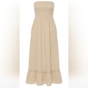NWT Raviya Beige Gingham Strapless Cotton Maxi Cover Up Dress Large Resortwear